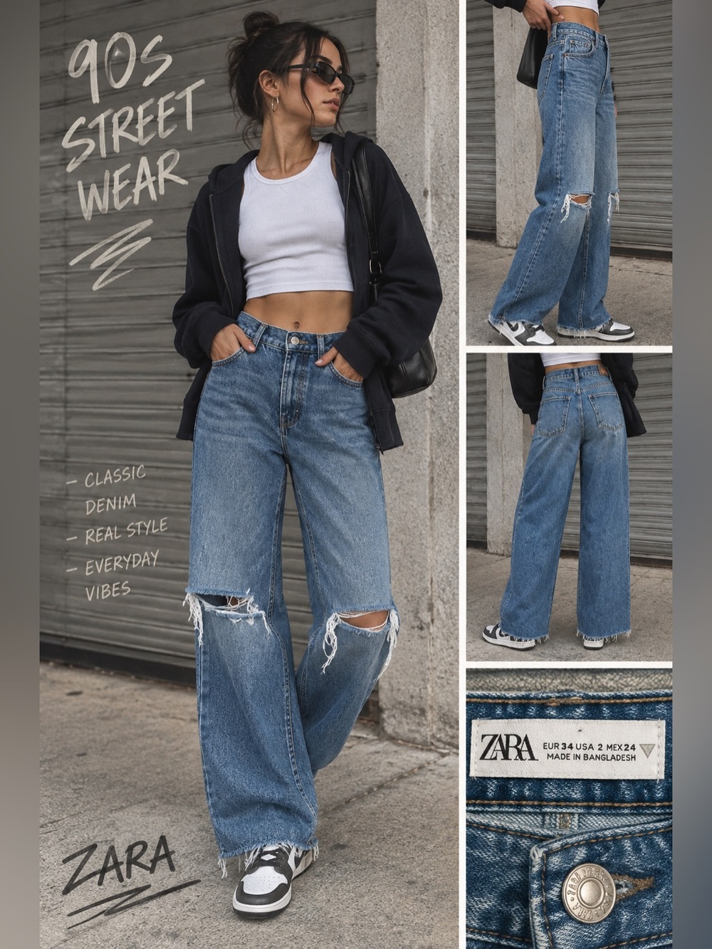 Zara High Rise Distressed Wide Leg Jeans Size 2 Blue Ripped Knee Raw Hem